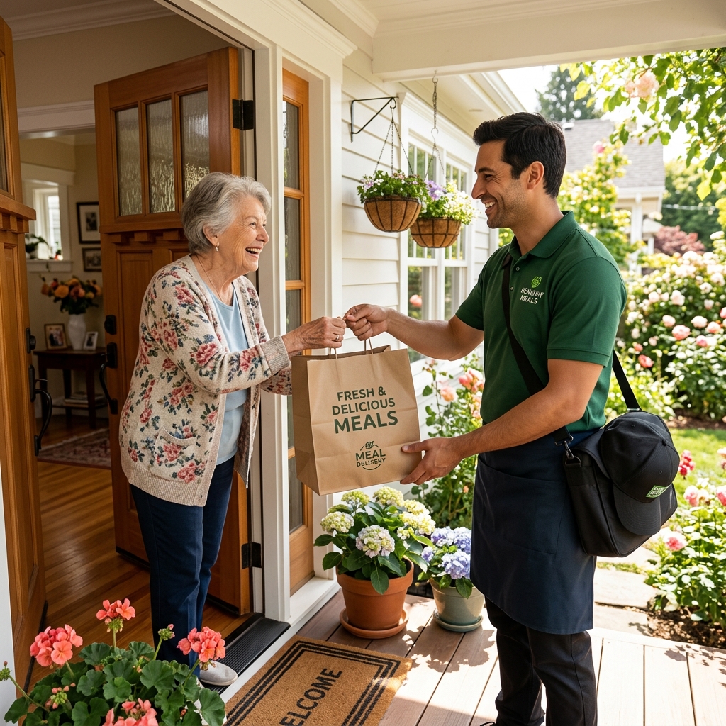 Friendly caregiver delivering fresh home delivered meals to an Ohio senior